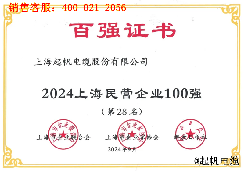 3.起帆電纜入圍2024年上海民營企業100強第28名